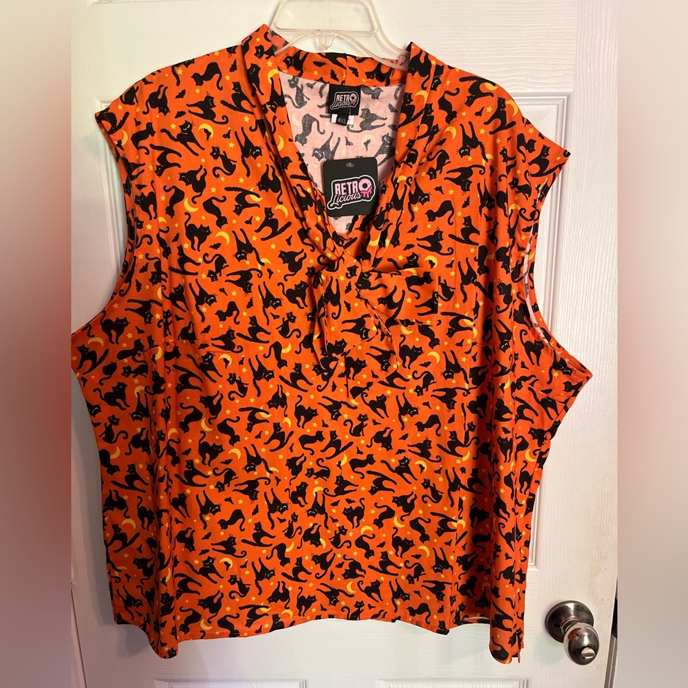 Retrolicious Orange Cat Halloween Print Blouse